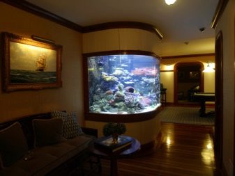 Кутові акваріуми (24 фото): особливості оформлення, варіанти дизайну моделей з тумбами і інших, високі і панорамні акваріуми в інтер’єрі
