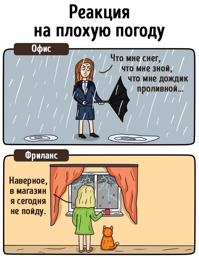 15 влучних картинок про те, як живуть фрілансери і офісні працівники