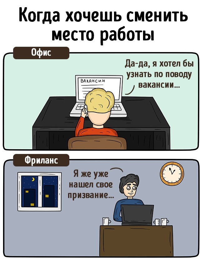 15 влучних картинок про те, як живуть фрілансери і офісні працівники
