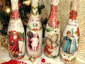 Декупаж пляшок (72 фото): прикраса туалетним папером і яєчною шкарлупою пляшки своїми руками, майстер-клас з об’ємного декупажу пляшок для чоловіків на 23 Лютого, декорування тканиною в стилі шеббі-шик